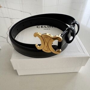 Celine Black Triomohe Belt with Gold Emblem Buckle 25 mm